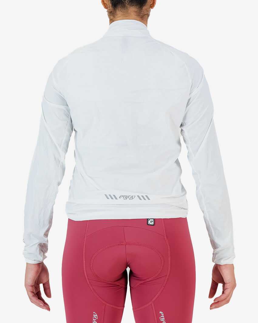 Back view of the Enjoy Atom women's cycling Jacket in white with reflective detailing by Enjoy.cc