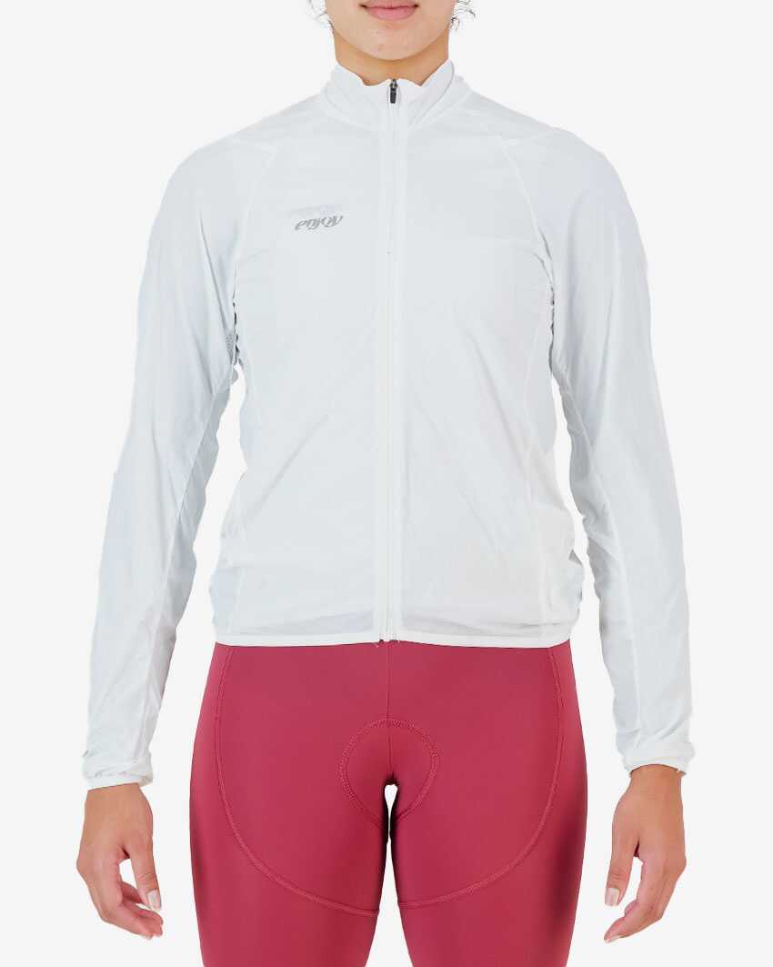 Womens-Cycling-Jacket-Atom-White-Front Front view of the Enjoy Atom women's cycling Jacket in white with reflective detailing by Enjoy.cc
