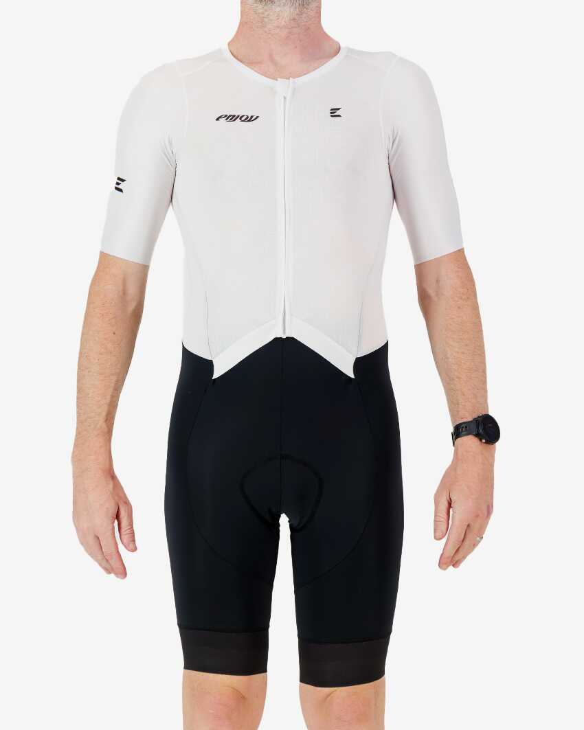 Mens-Trisuit-Sleeved-White-Front Front view of the men's sleeved triathlon suit in a black and white design made by enjoy.cc