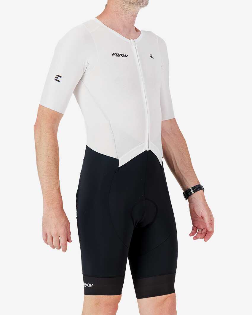 Side view of the men's sleeved triathlon suit in a black and white design made by enjoy.cc
