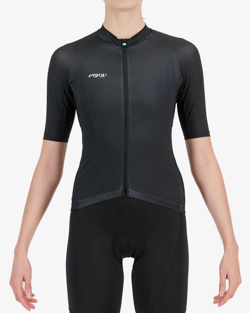 Womens-Cycling-Jersey-Supremium-Black-Front Front view of the mens black Supremium cycling jersey design made by Enjoy.cc