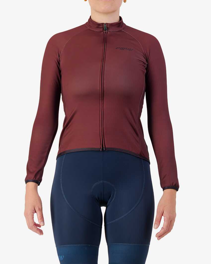 Womens-Fleeced-Cycling-Jersey-Training-Mahogany-Front Front view of the women's thermal training long sleeve jersey in a mahogany colour way by Enjoy.cc