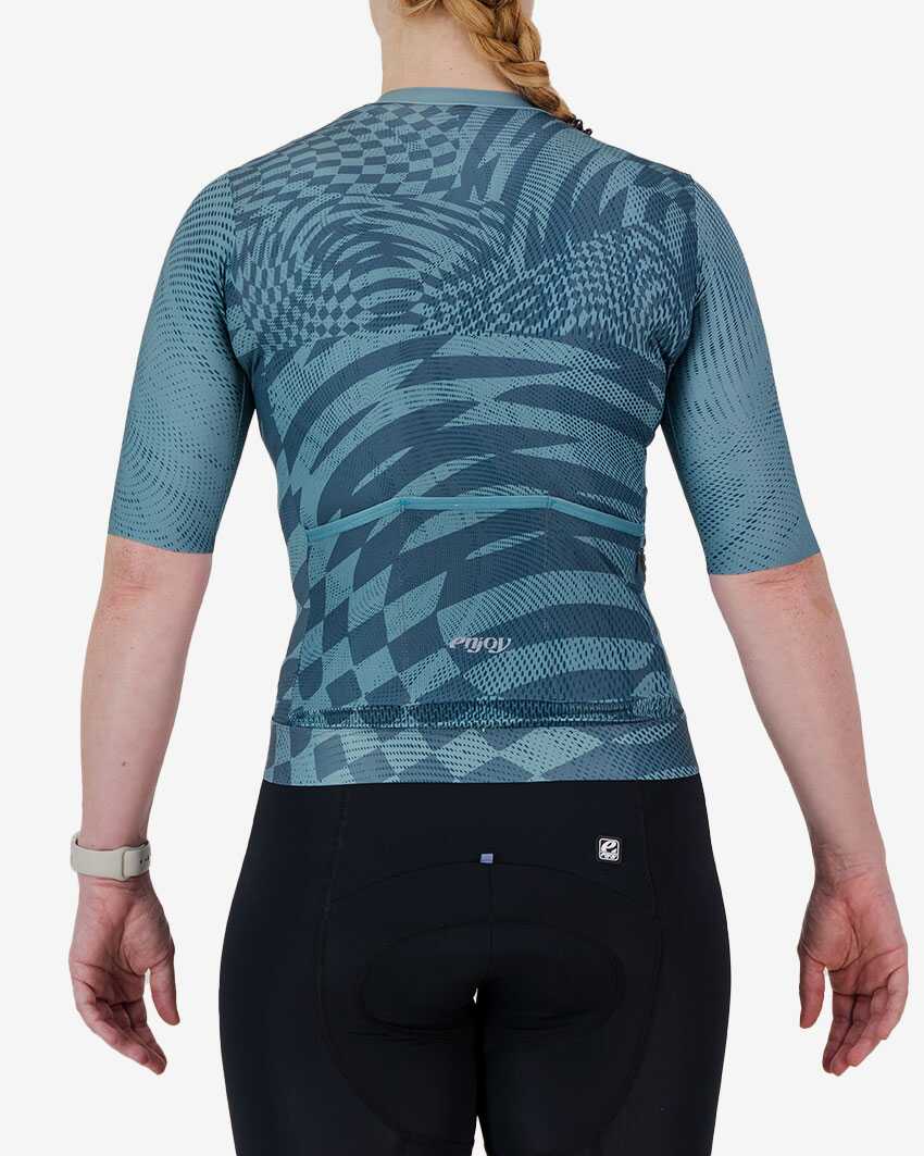 Back view of the ProXision Women's cycle jersey in aqua colour Warp design made by enjoy.cc