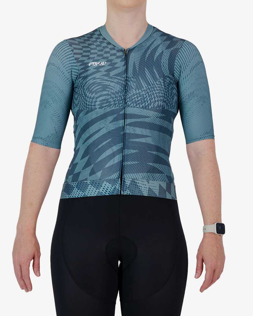 Womens-Cycle-Jersey-ProXision-Warp-Aqua-Front Front view of the ProXision Women's cycle jersey in aqua colour Warp design made by enjoy.cc