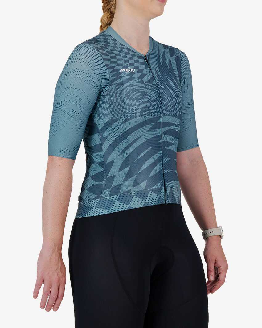 Side view of the ProXision Women's cycle jersey in aqua colour Warp design made by enjoy.cc