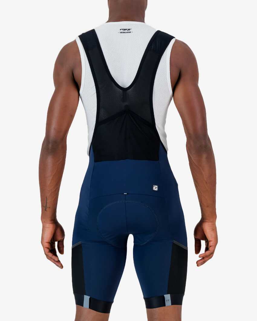 Back view of the Enjoy Octane mens cargo bib short in petrol with reflective trim made by Enjoy.cc