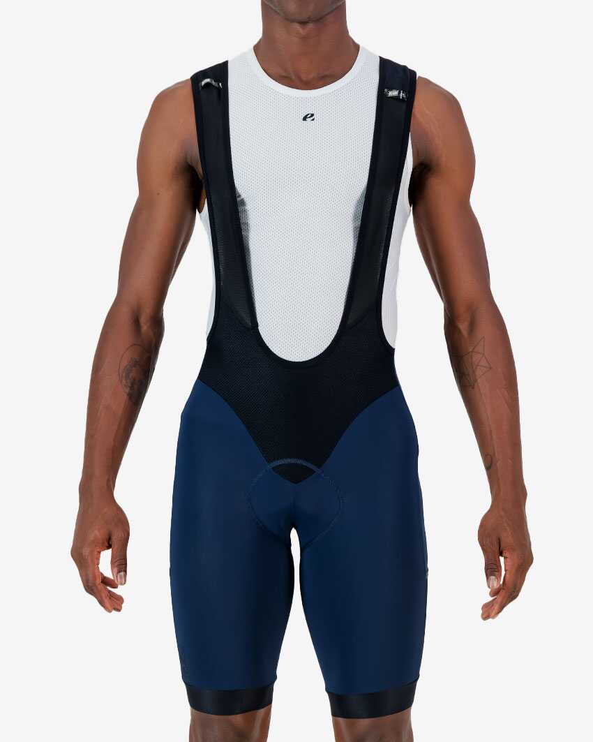 Front view of the Enjoy Octane mens cargo bib short in petrol with reflective trim made by Enjoy.cc