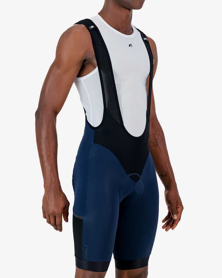 Mens-Cargo-Bib-short-Octane-Petrol-Side Side view of the Enjoy Octane mens cargo bib short in petrol with reflective trim made by Enjoy.cc