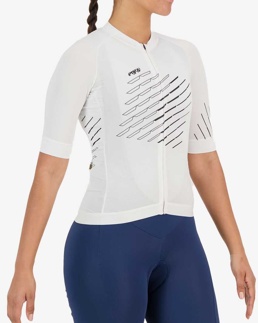 Side view of the womens octane cycle jersey in the white chevron design made by Enjoy.cc