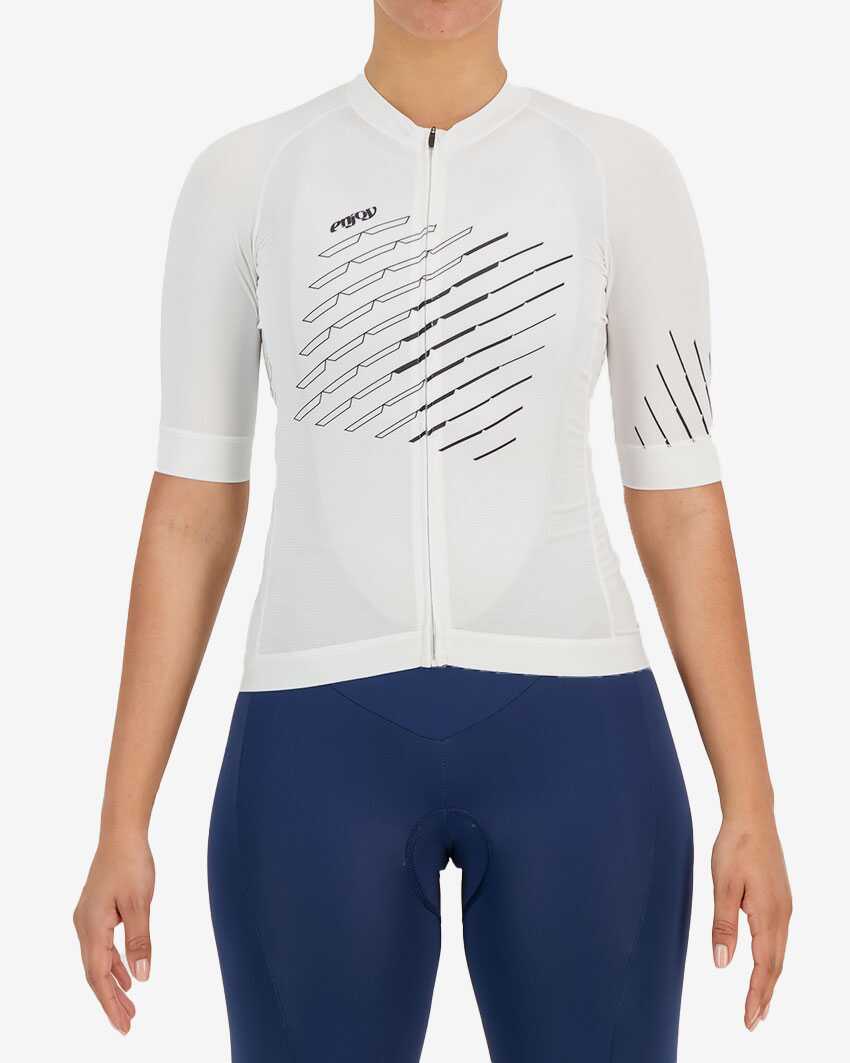 Womens-Cycling-Shirt-Octane-Chevron-White-Front Front view of the womens octane cycle jersey in the white chevron design made by Enjoy.cc