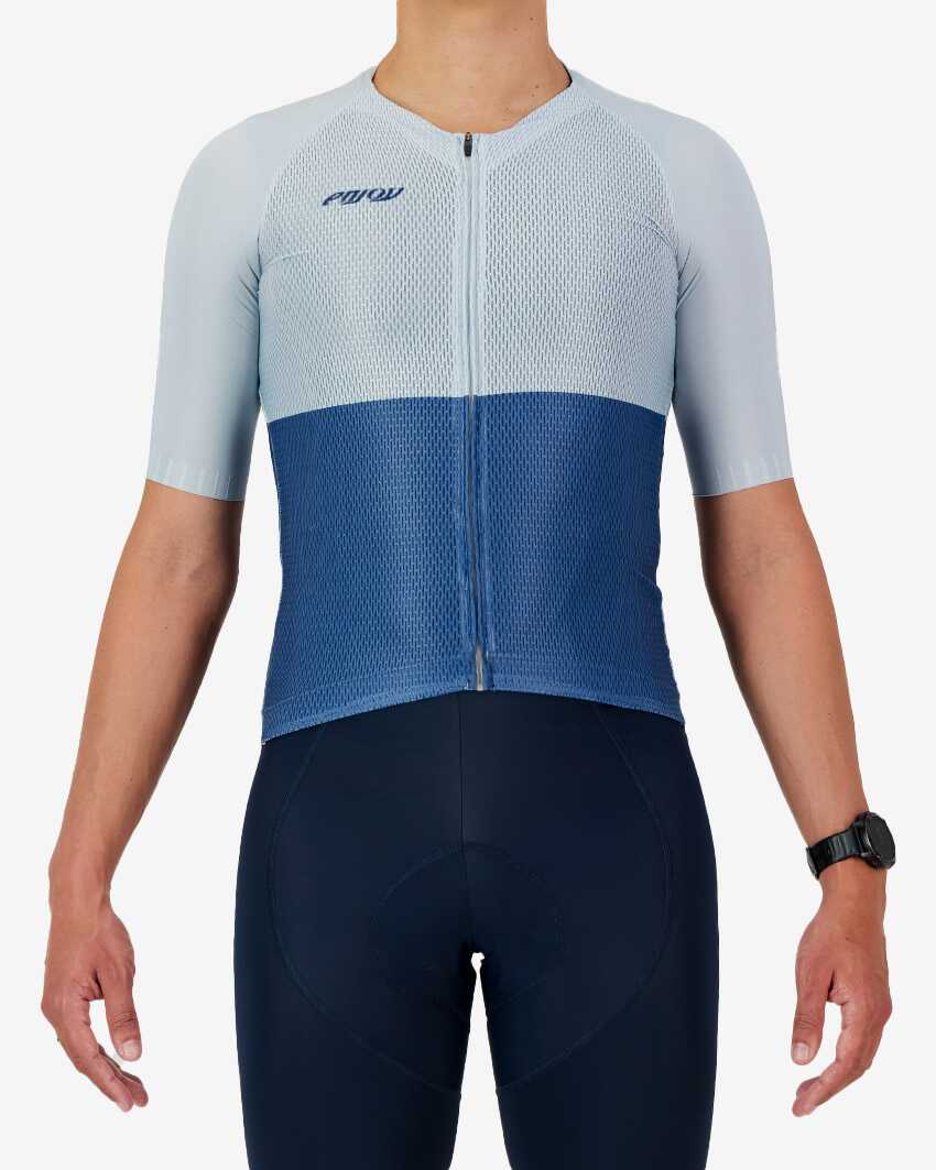 Mens-Cycle-Jersey-Climber-Enjoy-Blue-front Front view of the Climber men's cycling jersey in a blue colour block design made by enjoy.cc