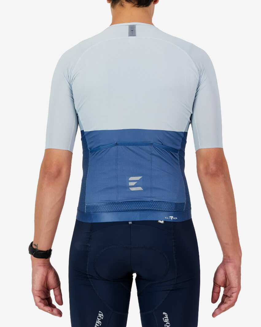 Back view of the Climber men's cycling jersey in a blue colour block design made by enjoy.cc