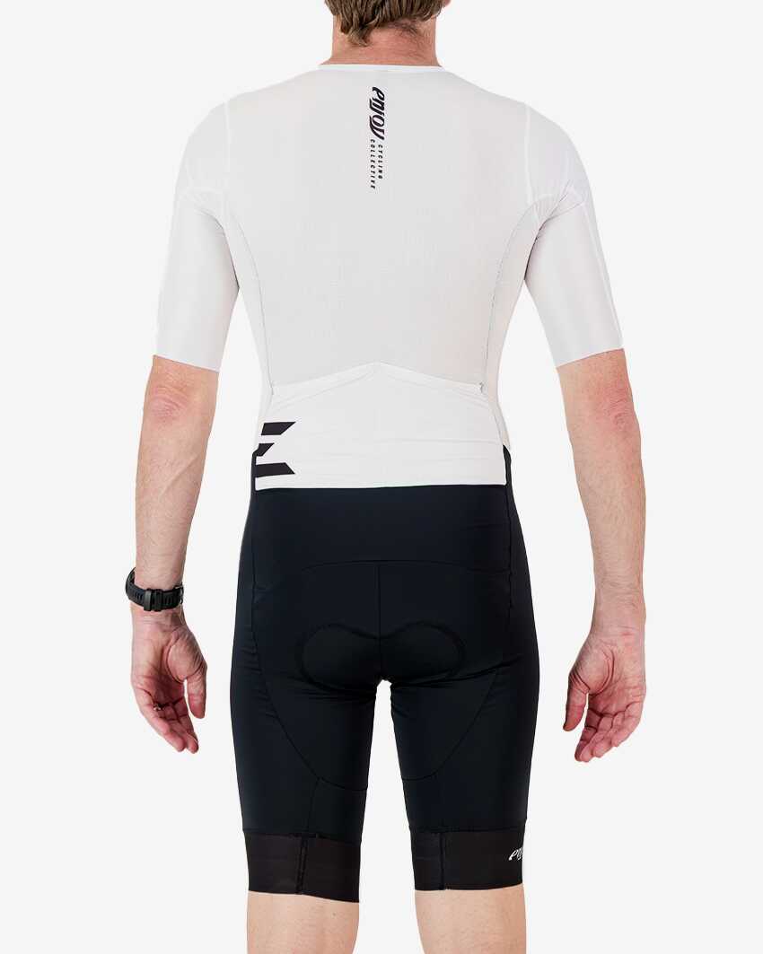 Back view of the men's sleeved triathlon suit in a black and white design made by enjoy.cc