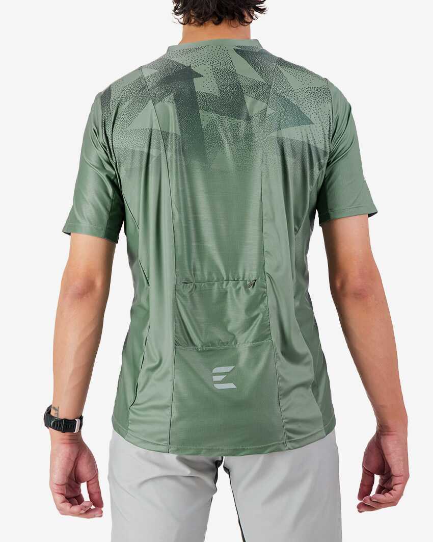 Back view of the Enjoy men's Enduro Trail Tee in Green with reflective detailing made by Enjoy.cc