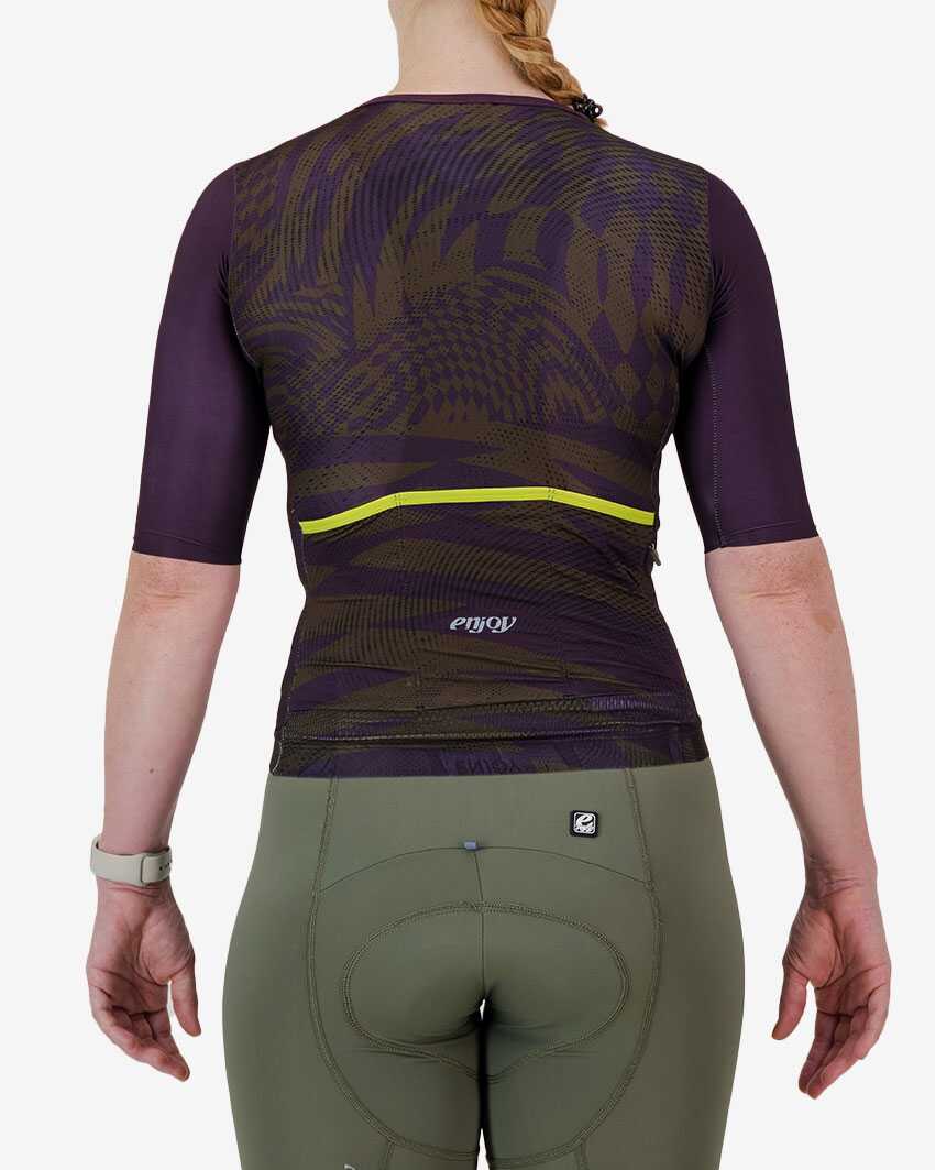 Back view of the ProXision women's zipless cycle jersey in peat colour Warp design by enjoy.cc