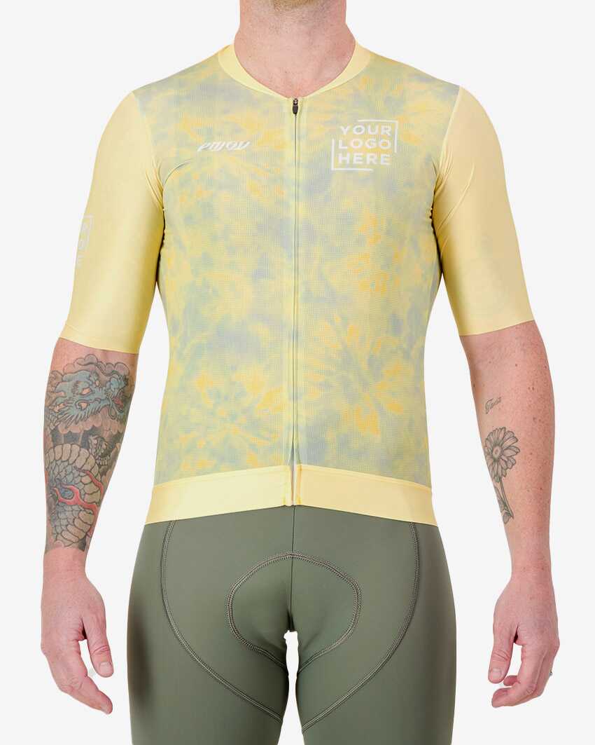 Mens-Cycle-Jersey-ProXision-Semi-Custom-Yellow-Front Front view of the Mens Semi Custom Proxision cycling jersey in a yellow tie-dye design Enjoy.cc