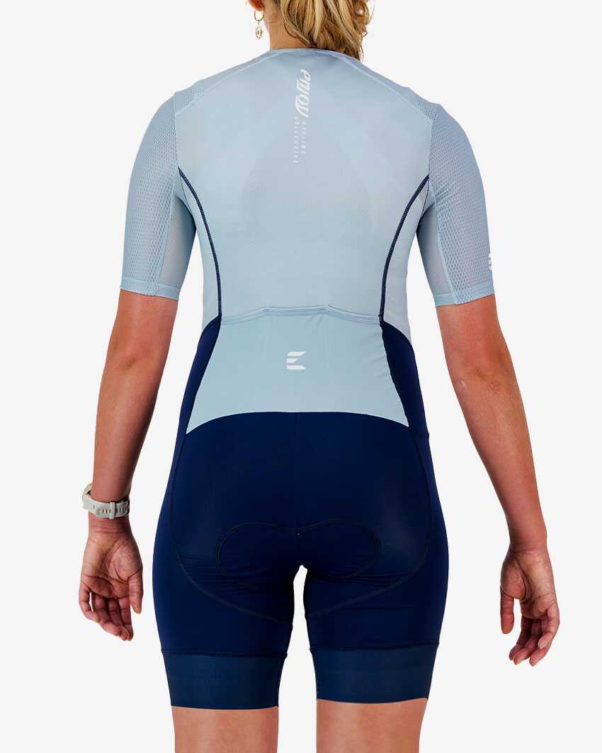 Back view of the women's sleeved triathlon suit in a fresh blue design made by enjoy.cc