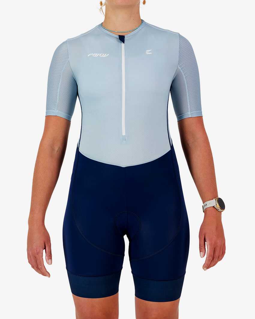 Womens-Trisuit-Sleeved-Blue-Front Front view of the women's sleeved triathlon suit in a fresh blue design made by enjoy.cc