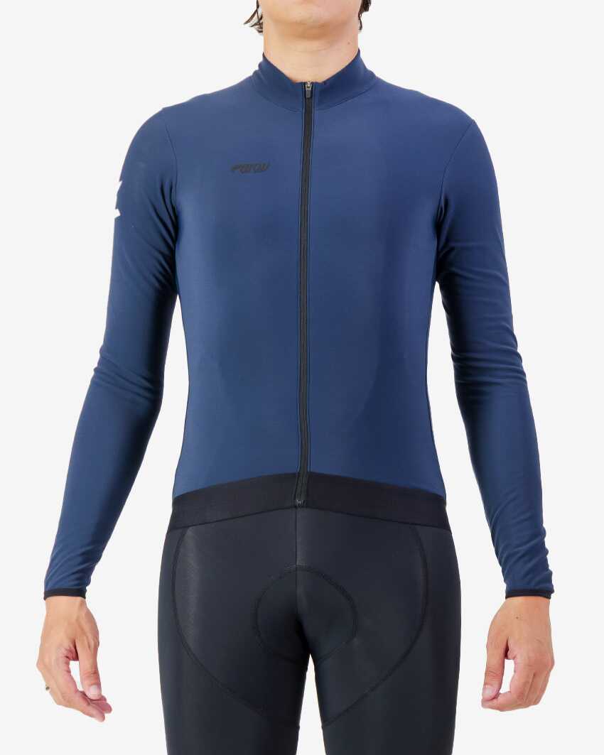 Mens-Fleeced-Cycling-Jersey-Race-Navy-Front Front view of the Men's thermal race long sleeve jersey in a Navy colour way by Enjoy.cc