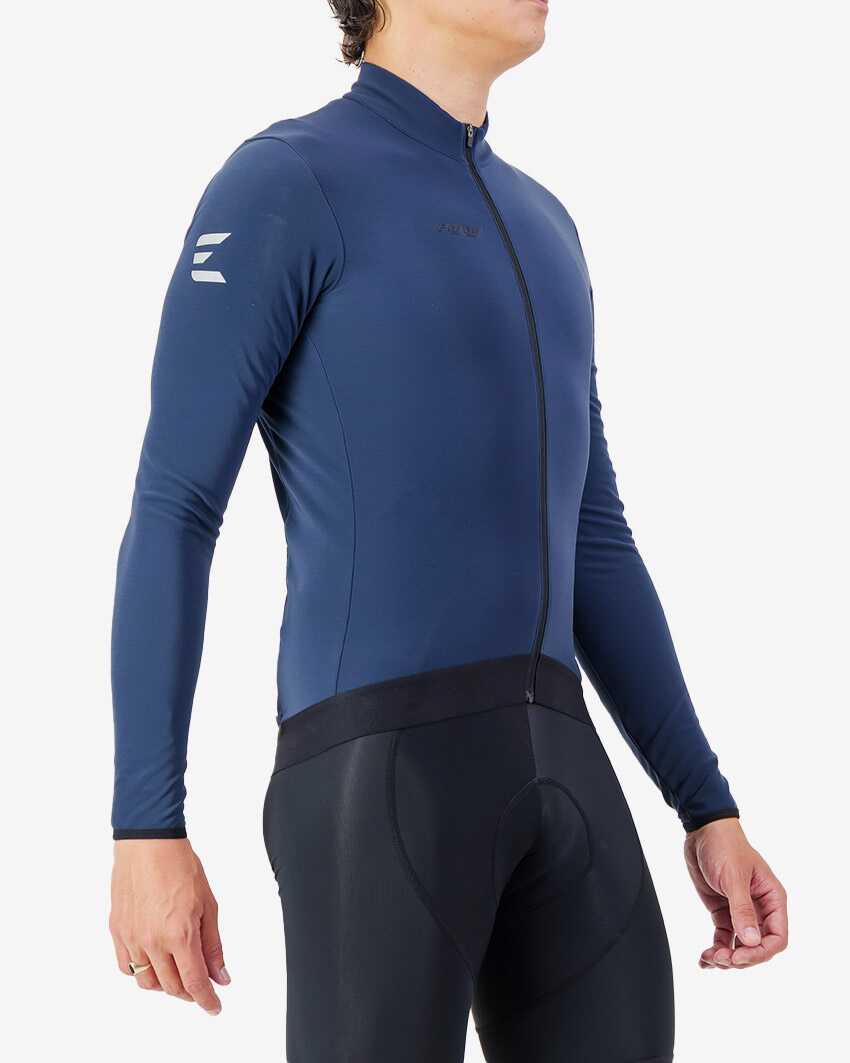 Side view of the Men's thermal race long sleeve jersey in a Navy colour way by Enjoy.cc