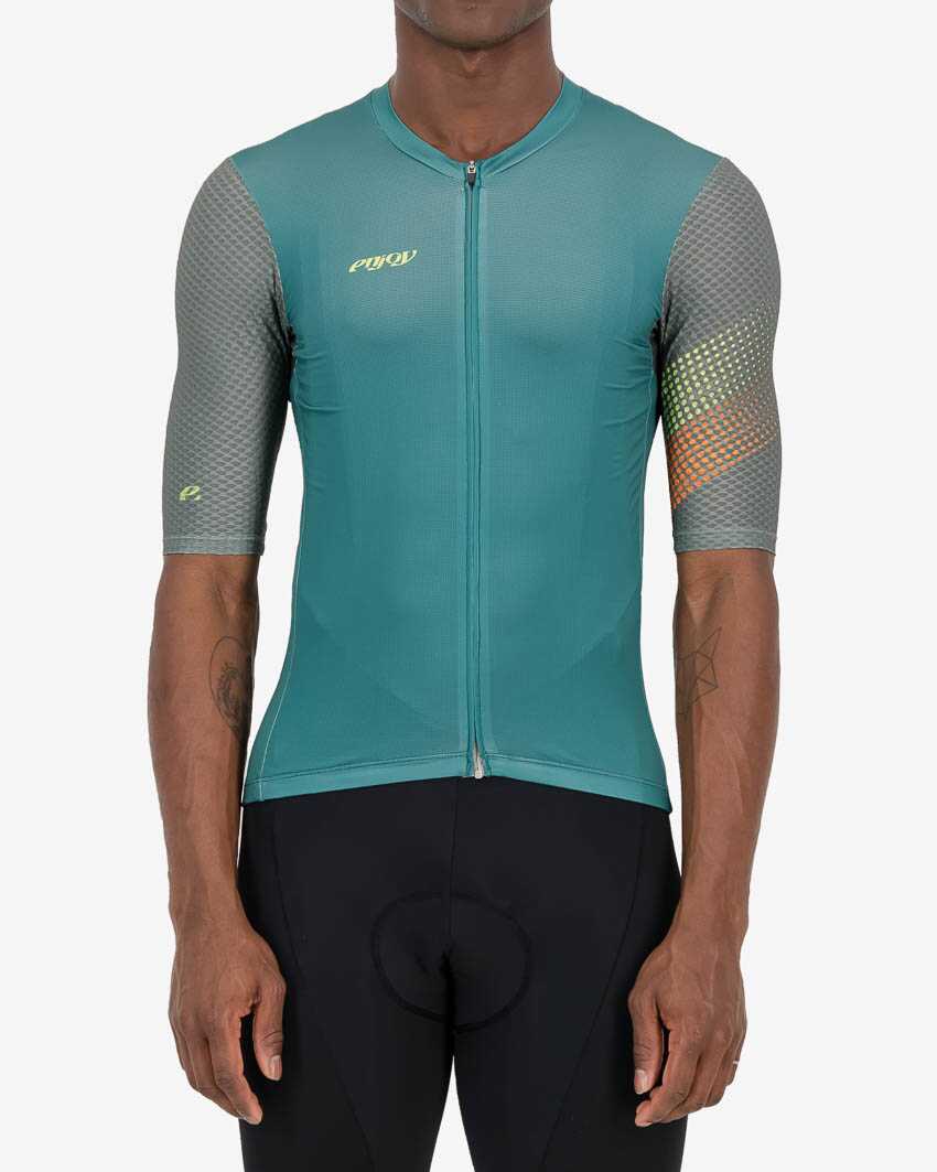 Mens-Cycling-Jersey-ProXision-Ascendant-Green-Front Front view of the Enjoy ProXision mens cycling jersey in the Ascendant green design from Enjoy.cc