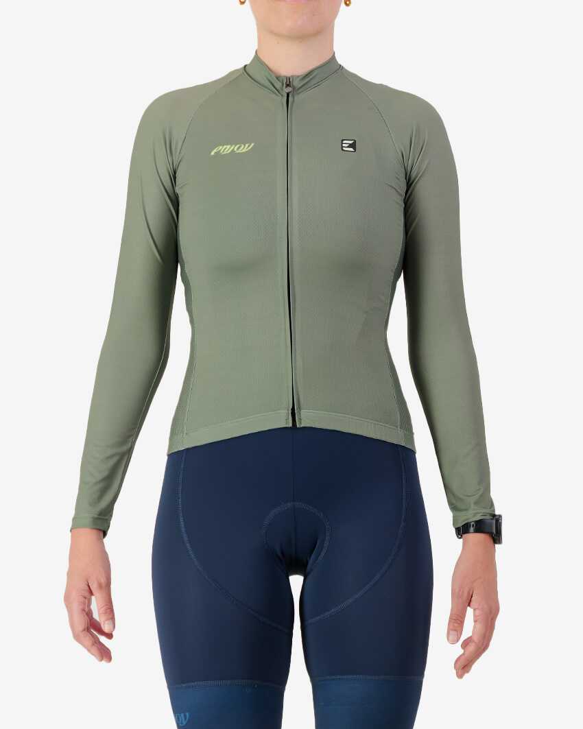 Womens-Long-Sleeve-Cycling-Jersey-Supremium-Olive-Front Front view of the Women's Supremium long sleeve cycling jersey in a solid Olive colour way by Enjoy.cc