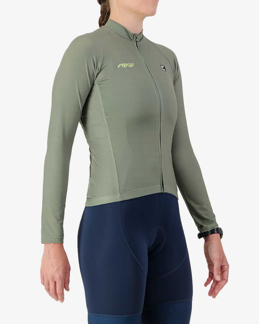 Side view of the Women's Supremium long sleeve cycling jersey in a solid Olive colour way by Enjoy.cc