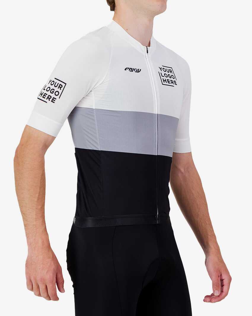 Side view of the Mens Semi Custom Octane cycling jersey in a greyscale block design Enjoy.cc