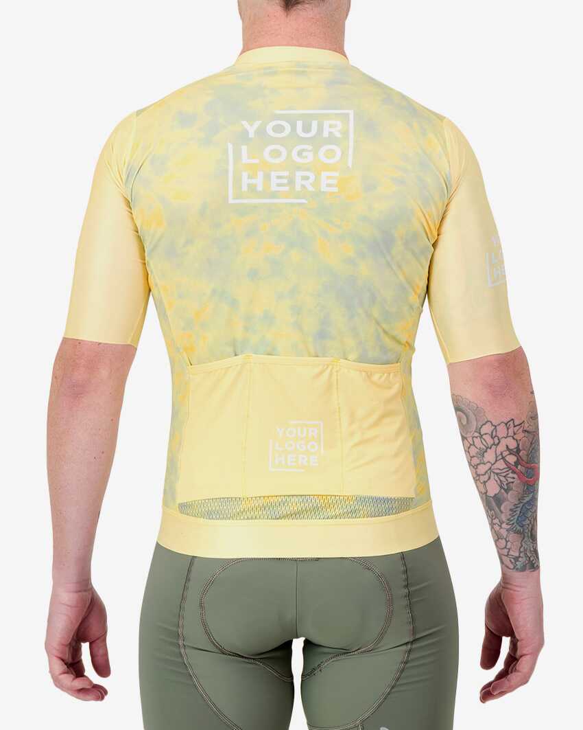 Back view of the Mens Semi Custom Proxision cycling jersey in a yellow tie-dye design Enjoy.cc