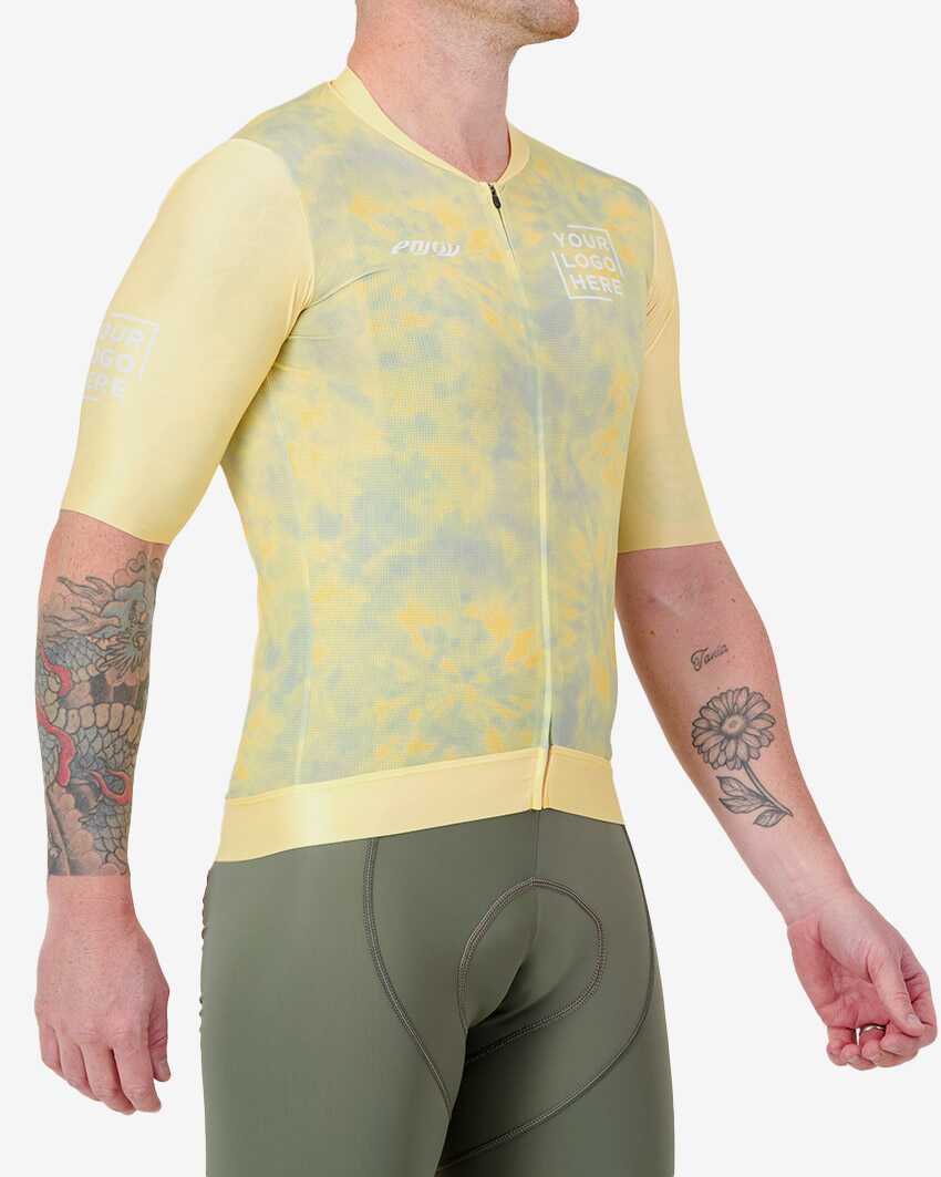 Side view of the Mens Semi Custom Proxision cycling jersey in a yellow tie-dye design Enjoy.cc