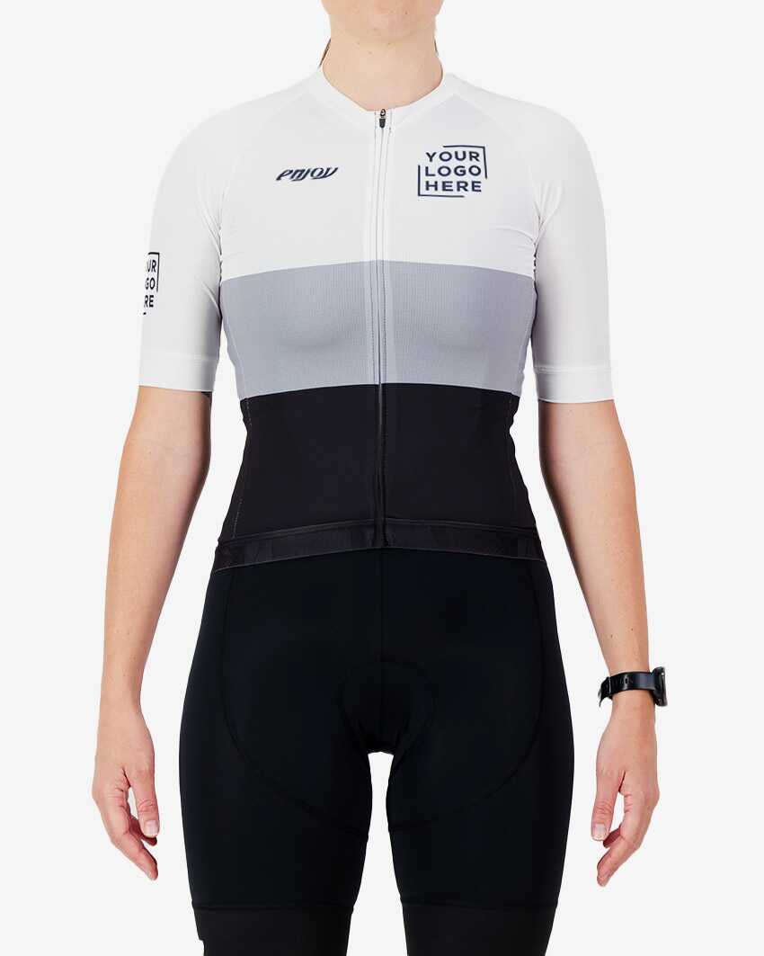 Front view of the Womens Semi Custom Octane cycling jersey in a greyscale block design Enjoy.cc