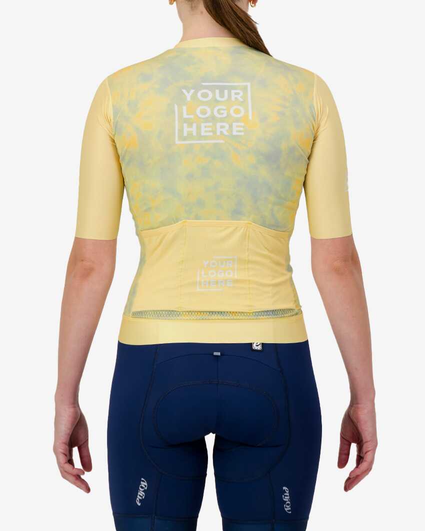 Back view of the Womens Semi Custom Proxision cycling jersey in a yellow tie-dye design Enjoy.cc