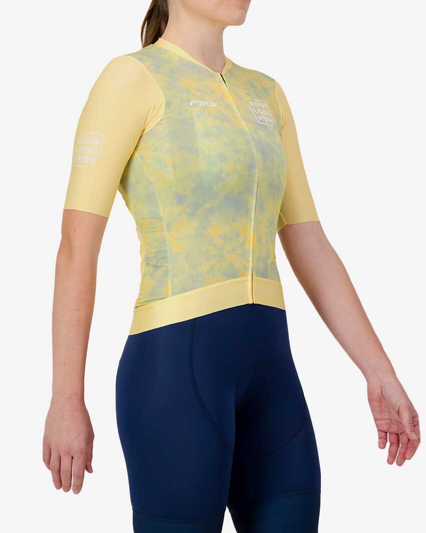 Side view of the Womens Semi Custom Proxision cycling jersey in a yellow tie-dye design Enjoy.cc