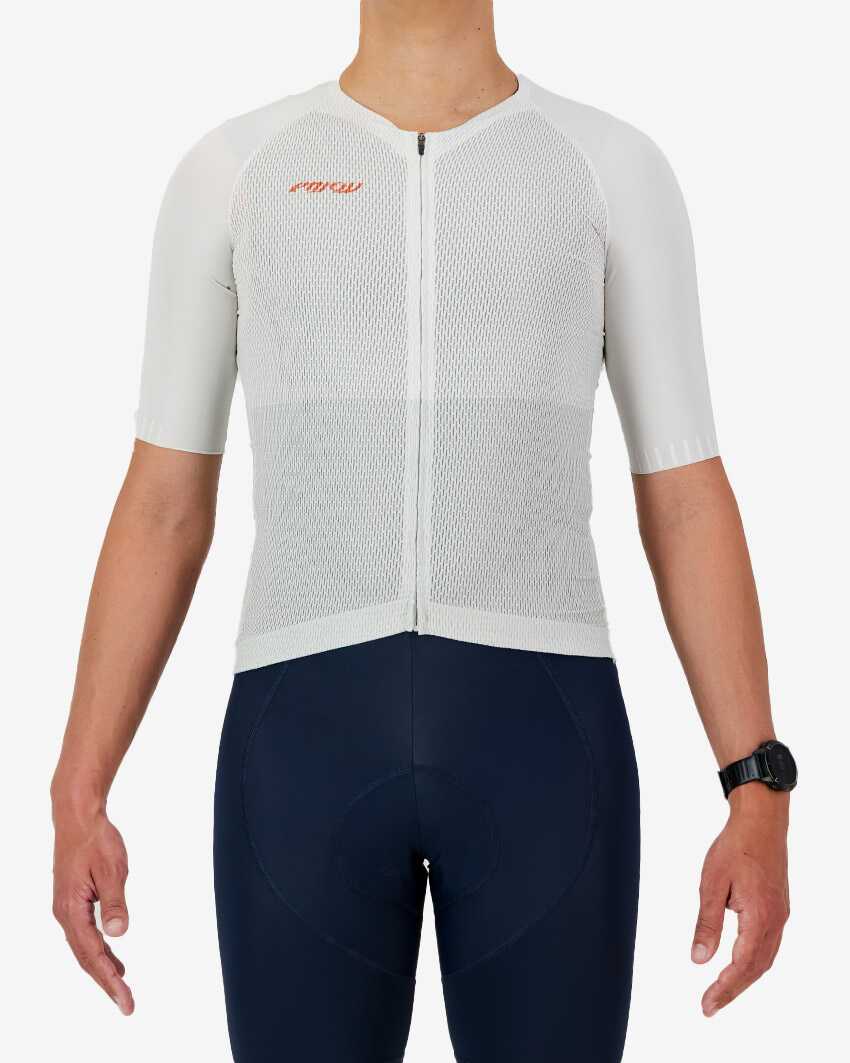 Mens-Cycle-Jersey-Climber-Enjoy-White-front Front view of the Climber men's cycling jersey in a cream colour block design made by enjoy.cc