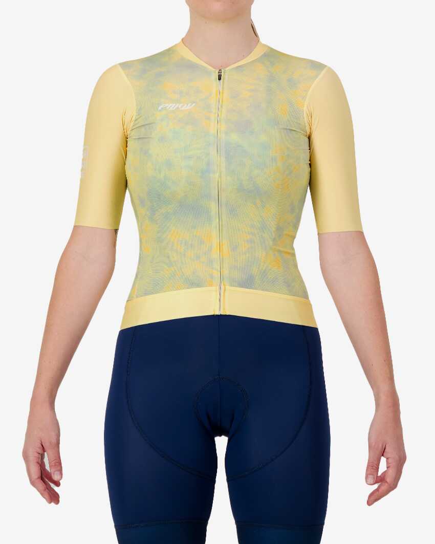Womens-Cycle-Jersey-ProXision-Tie-Dye-Yellow-Front Front view of the ProXision women's cycling jersey in a yellow tie-dye design made by enjoy.cc
