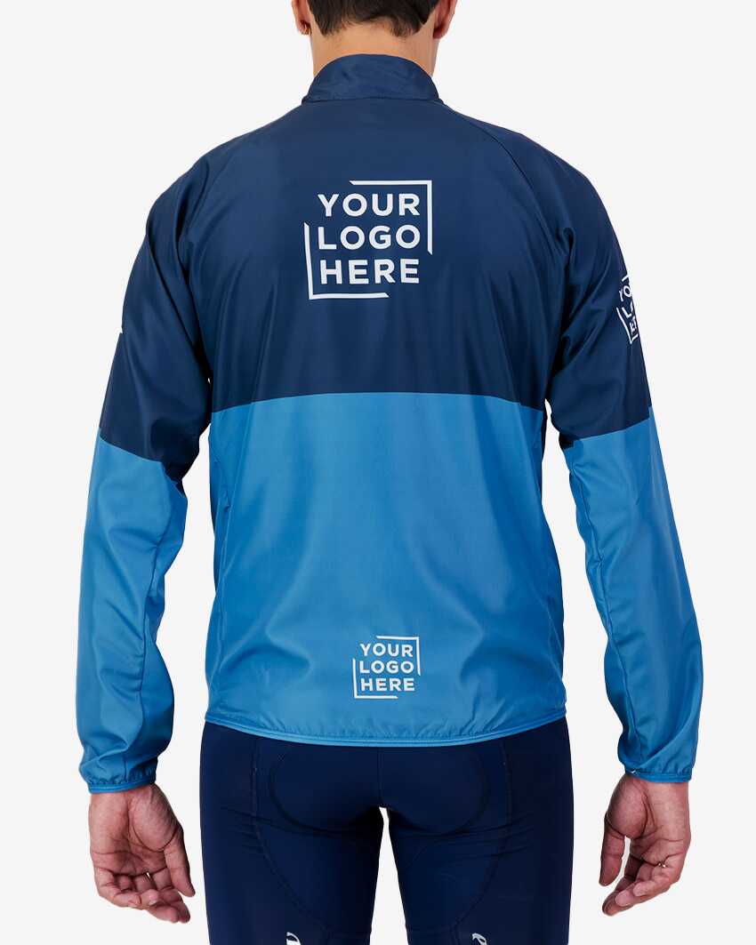 Back view of the Mens Semi Custom Atom cycling Jacket in a blue duo tone design Enjoy.cc