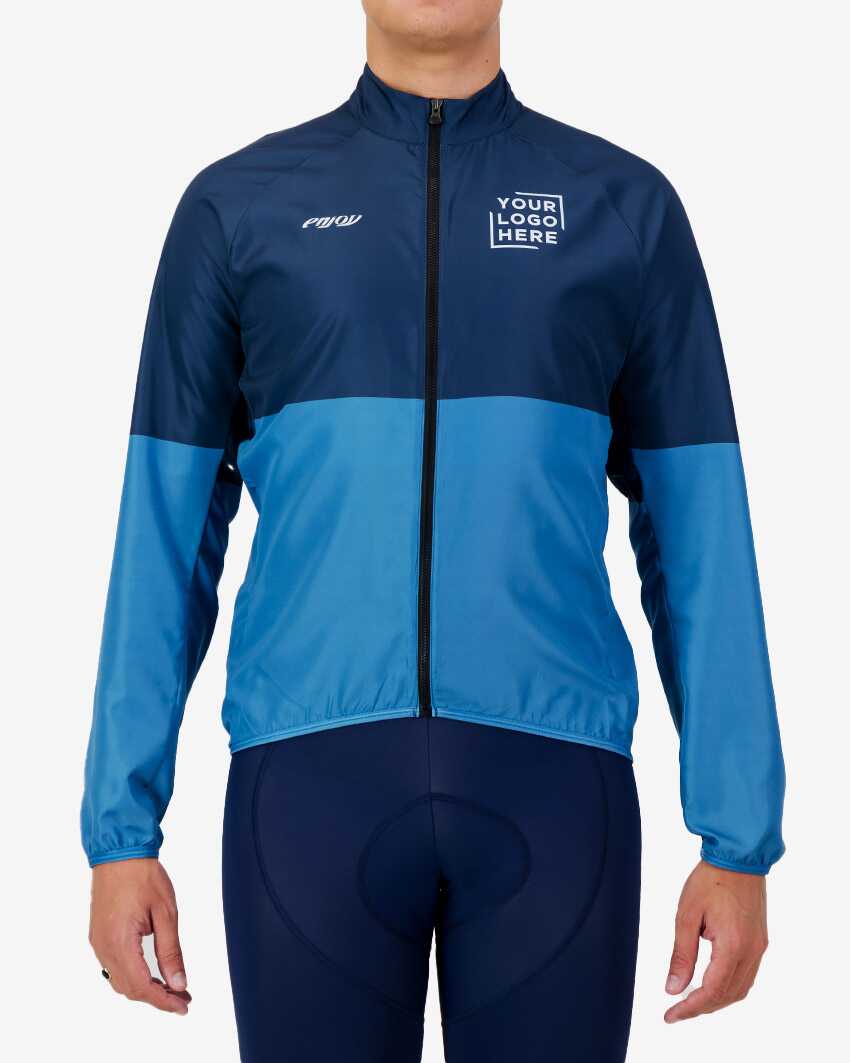 Mens-Cycling-Jacket-Atom-Semi-Custom-Blue-Front Front view of the Mens Semi Custom Atom cycling Jacket in a blue duo tone design Enjoy.cc