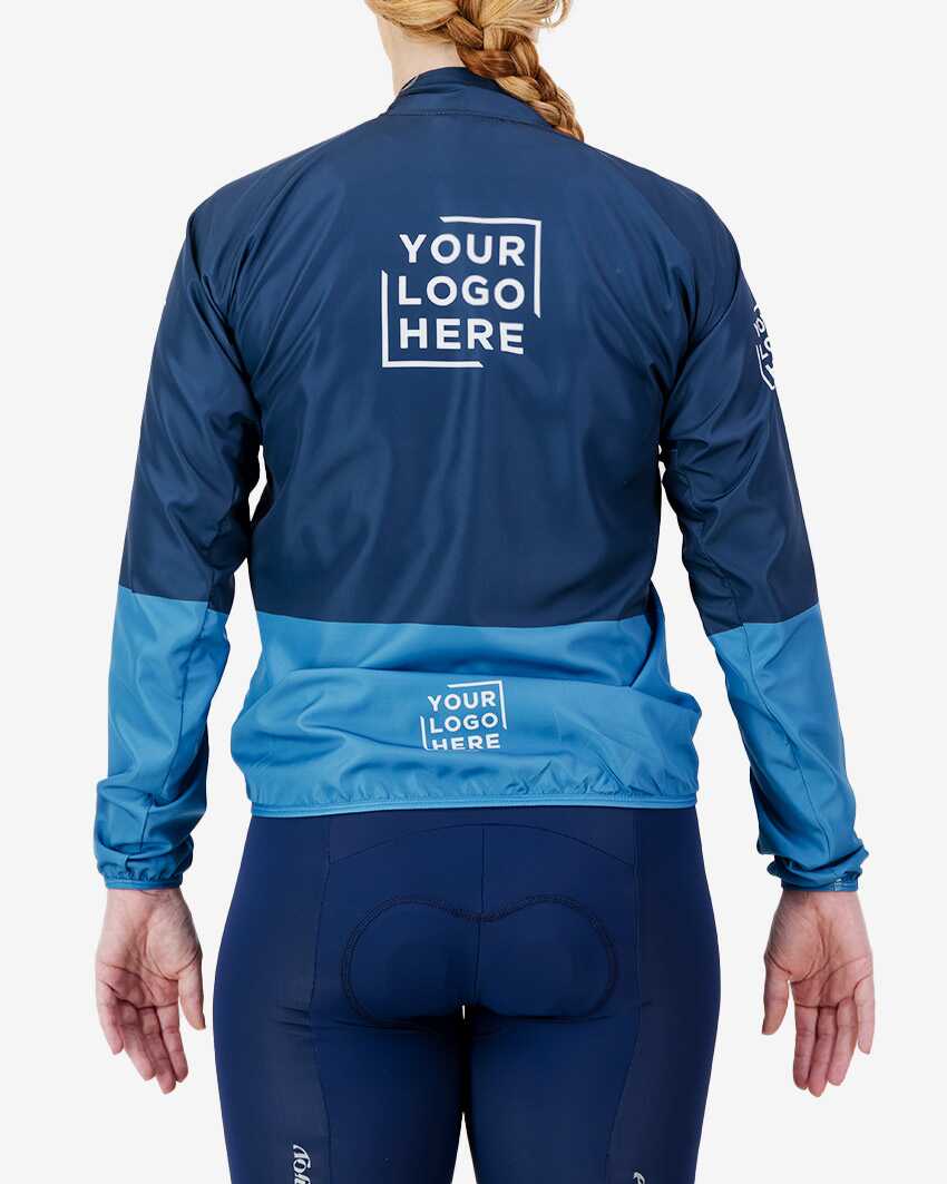 Back view of the Womens Semi Custom Atom cycling Jacket in a blue duo tone design Enjoy.cc