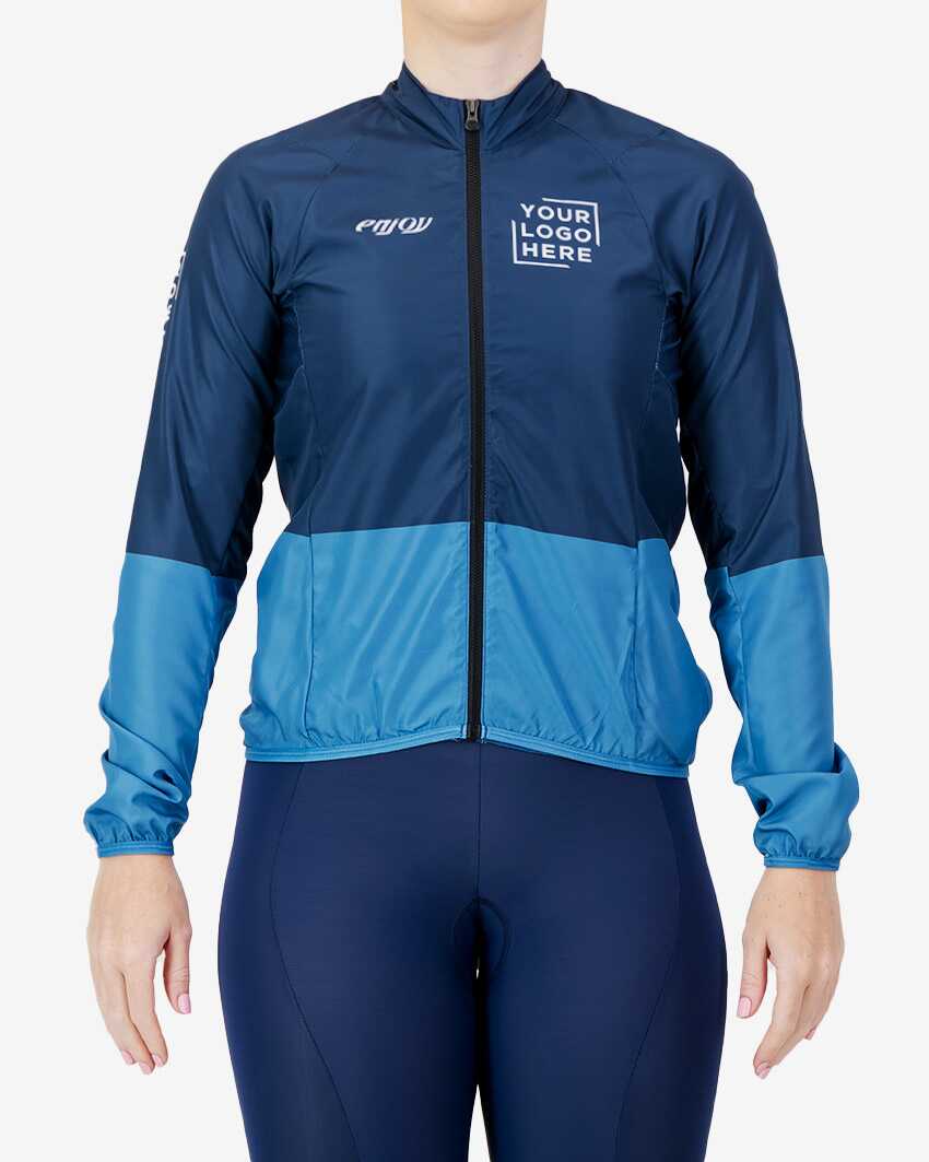 Front view of the Womens Semi Custom Atom cycling Jacket in a blue duo tone design Enjoy.cc