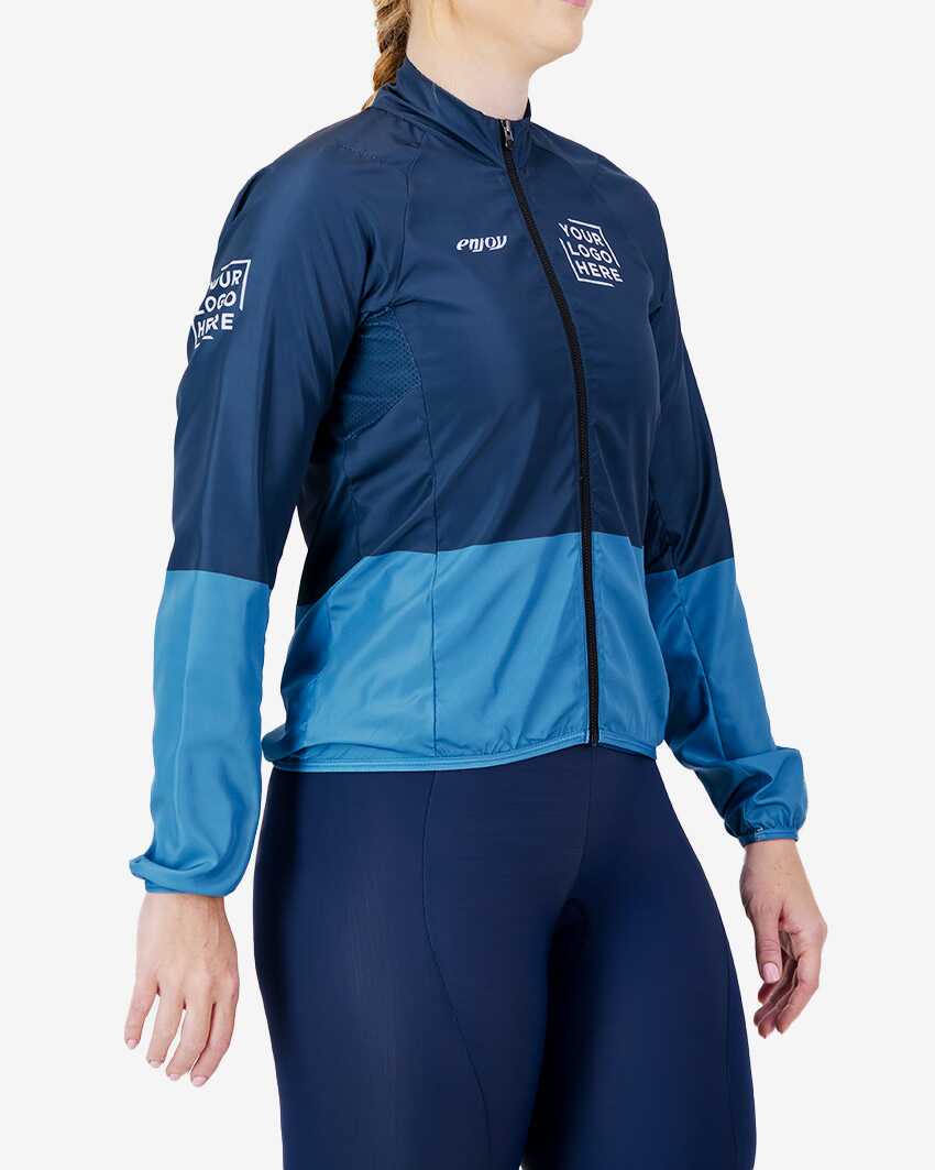 Side view of the Womens Semi Custom Atom cycling Jacket in a blue duo tone design Enjoy.cc
