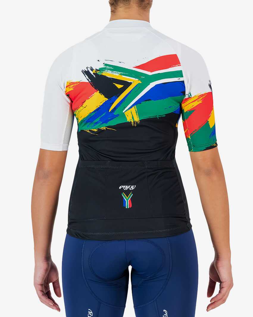 Back view of the Supremium women's cycling jersey in a Rainbow Nation design made by enjoy.cc