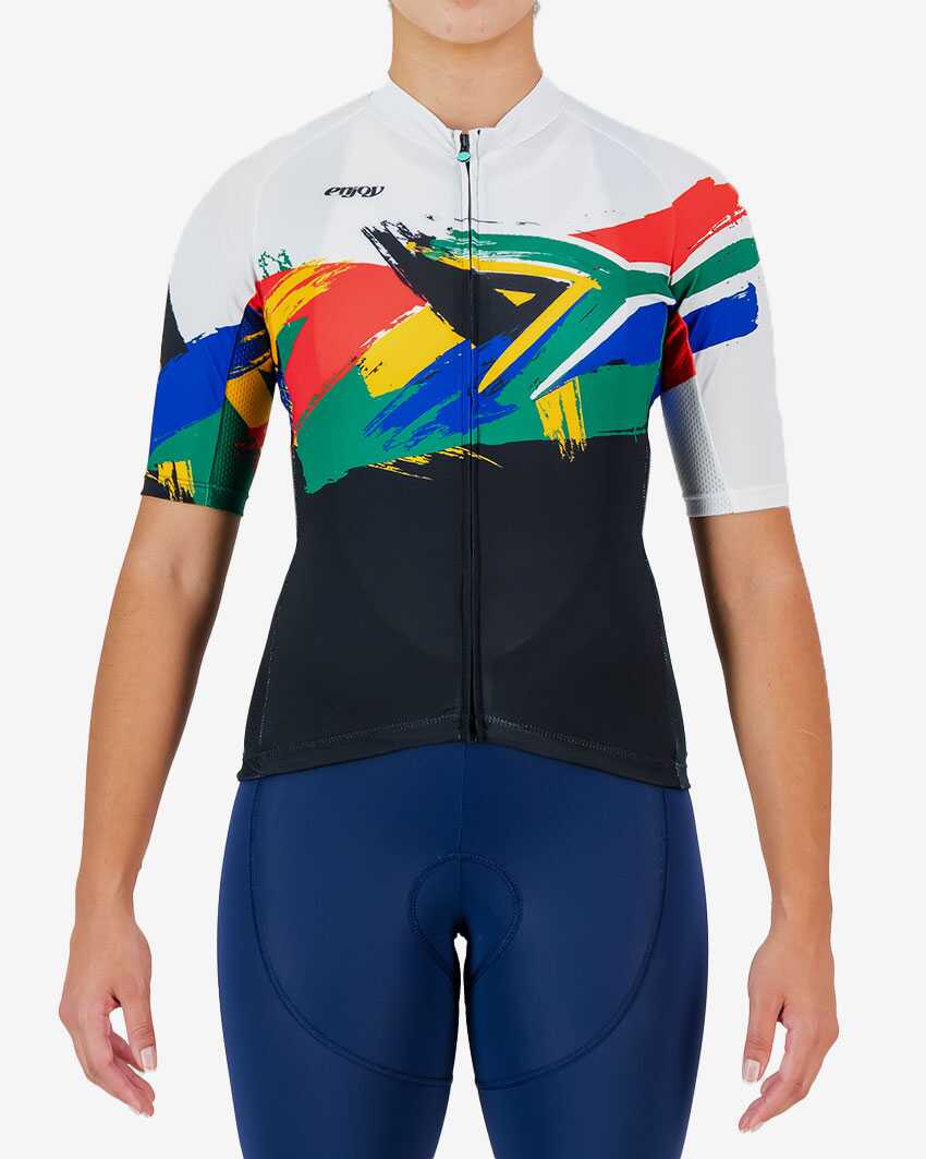 Womens-Cycle-Jersey-Supremium-Rainbow-Nation-Front Front view of the Supremium women's cycling jersey in a Rainbow Nation design made by enjoy.cc