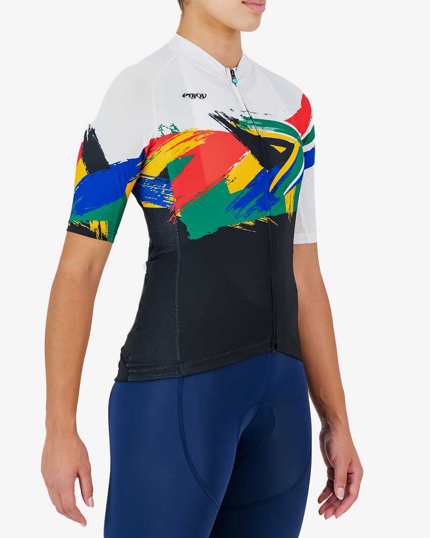 Side view of the Supremium women's cycling jersey in a Rainbow Nation design made by enjoy.cc