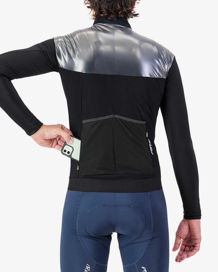 Back view of the Men's thermal shell long sleeve jersey in Black and silver colour way by Enjoy.cc