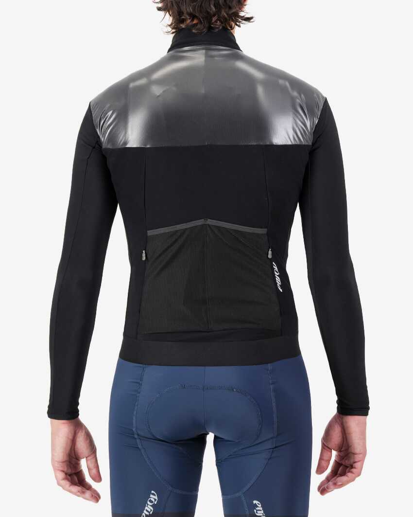 Back view of the Men's thermal shell long sleeve jersey in Black and silver colour way by Enjoy.cc