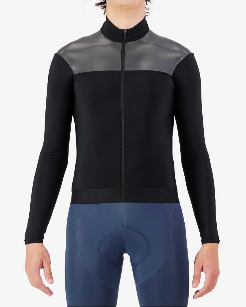 Mens-Fleeced-Cycling-Jersey-Shell-Black-Front Front view of the Men's thermal shell long sleeve jersey in Black and silver colour way by Enjoy.cc