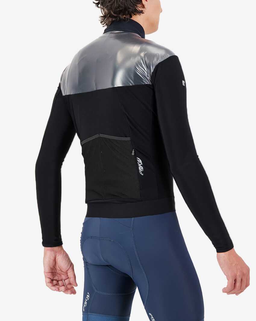 Side view of the Men's thermal shell long sleeve jersey in black and silver colour way by Enjoy.cc