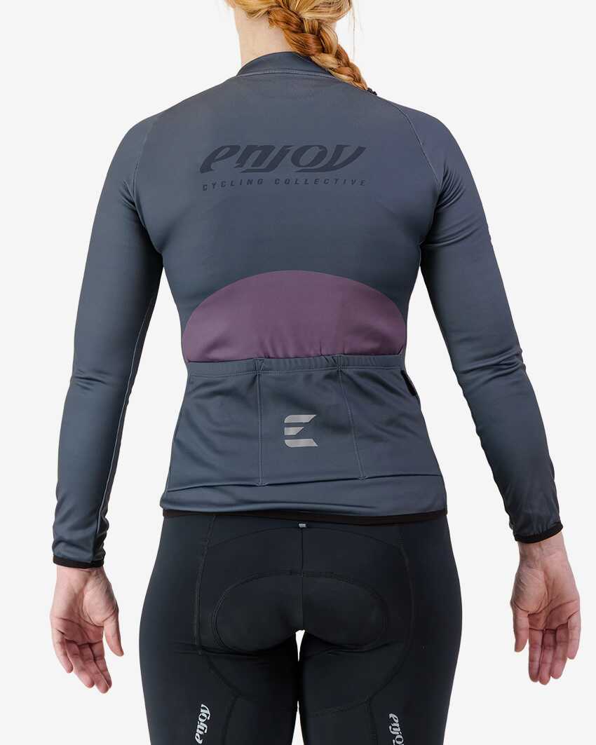 Back view of the women's thermal training long sleeve jersey in a slate colour way by Enjoy.cc