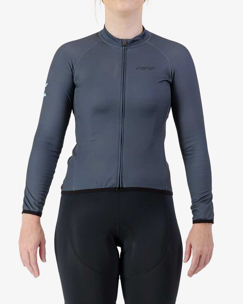 Womens-Fleeced-Cycling-Jersey-Training-Slate-Back Front view of the women's thermal training long sleeve jersey in a slate colour way by Enjoy.cc