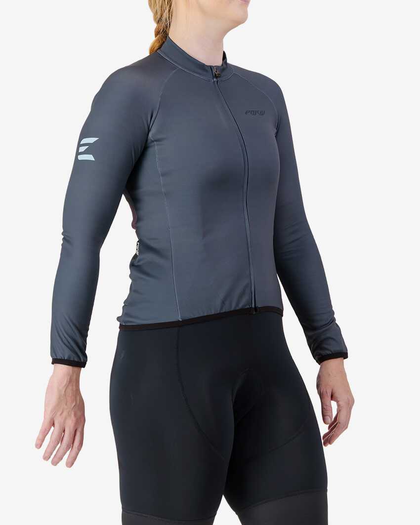 Side view of the women's thermal training long sleeve jersey in a slate colour way by Enjoy.cc